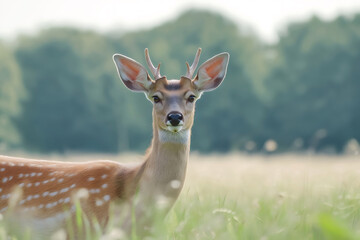 Obraz premium Wild deer standing gracefully in lush tall grass, surrounded by softly blurred trees in the serene background of a peaceful meadow
