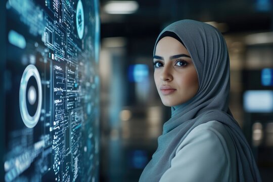 Middle Eastern woman in hijab analyzing big data on screen.