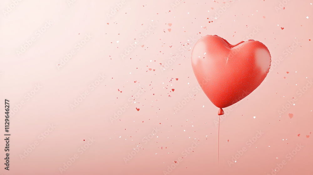 Poster red heart-shaped balloon floating on a soft pink background with subtle sparkles and gentle light sh
