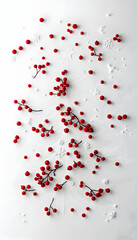 a minimalistic Christmas tree design on a white background with scattered red berries for a festive feel  -