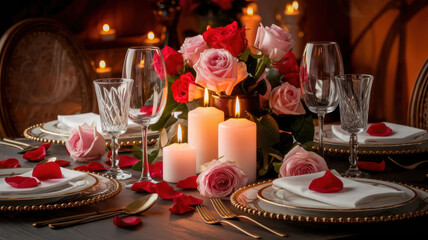 Romantic Candlelit Dinner with Roses - Elegant Dinner Table Setting