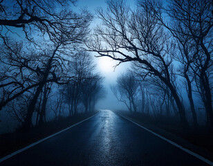 Obraz premium A misty road stretches into the distance beneath bare tree branches on a mysterious moonlit night.