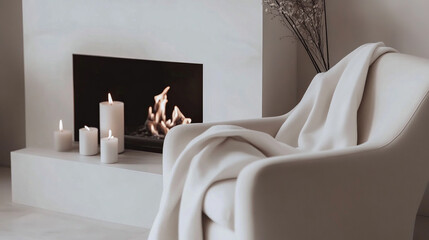 A modern living room features a comforting fireplace with lit candles. A soft blanket rests on a stylish chair, creating an inviting atmosphere perfect for relaxation