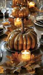 a rustic fall-themed table setting with pumpkins, candles, and autumn leaves  -