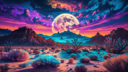 Vibrant Psychedelic Desert Landscape with Glowing Moon - Surreal Art