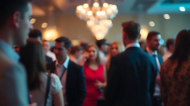 Blurred top-down view of a business networking event with professionals in formal attire engaged in conversation, symbolizing corporate communication, teamwork, and professional connections


