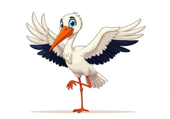 Fototapeta premium A cheerful cartoon stork stands on one leg with its wing extended playfully. 