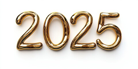 numbers 2025 twisted from gold steel line on white background 