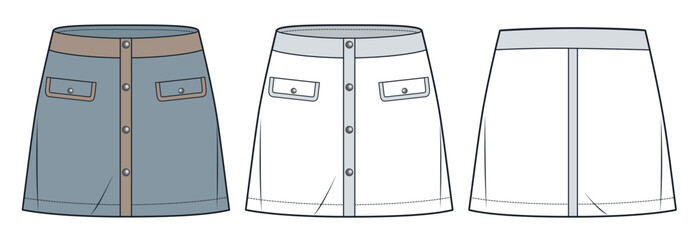 Mini Skirt technical fashion illustration. Button down Skirt fashion flat technical drawing template, mini length, pockets, A-line, front and back view, white, blue grey, women CAD mockup set.