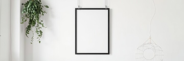 A minimalistic poster mockup hanging on clips against a white wall in a modern home interior, artwork, modern, minimalistic