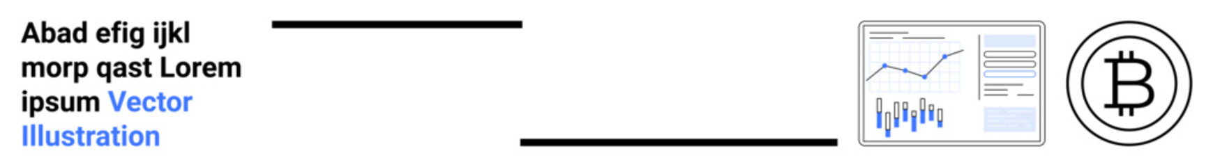 Screen with financial graph, line chart, and bitcoin symbol. Ideal for blockchain, investment, cryptocurrency trends, market analysis, digital currency tracking, online financial tools. Landing page