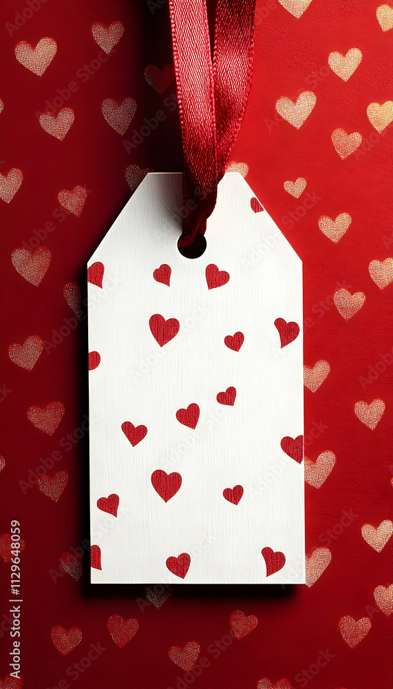 Poster a white tag with a red ribbon against a red background filled with heart patterns -