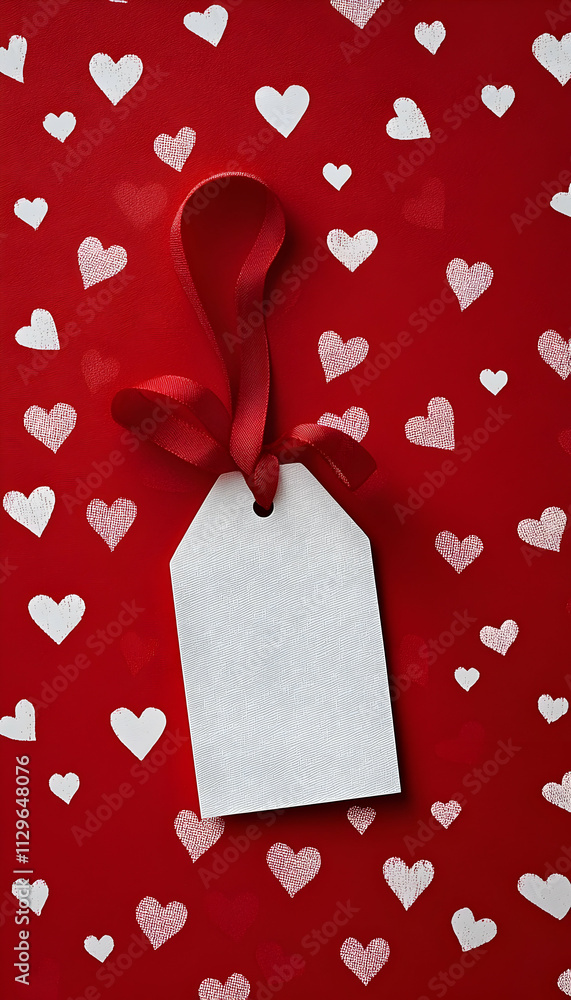 Poster a white tag with a red ribbon against a red background filled with heart patterns -