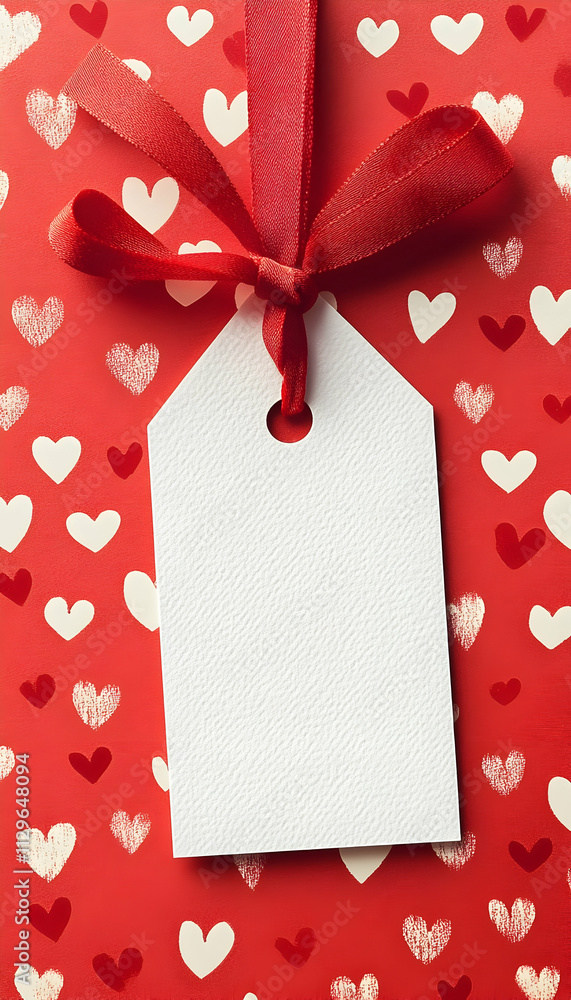 Poster a white tag with a red ribbon against a red background filled with heart patterns -