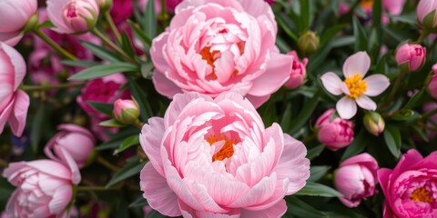 Obraz premium Beautiful pink peony flowers in full bloom creating a vibrant and elegant background, elegant, beauty