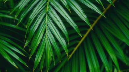 Close up of a vibrant green palm leaf showing intricate texture and natural details, green, close up, botanical