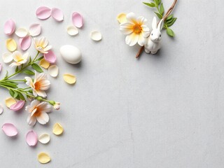 Easter eggs, colorful flowers, and a bunny figurine arranged on a grey concrete background, grey, petals, flowers