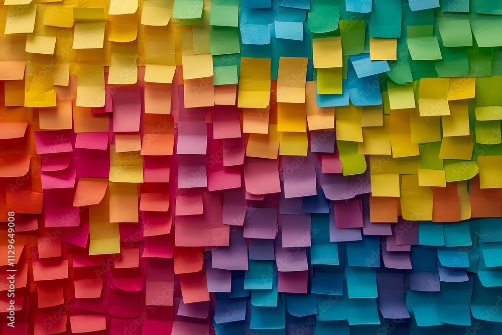 Poster colorful array of sticky notes creating a vibrant wall display in a workspace environment. generativ