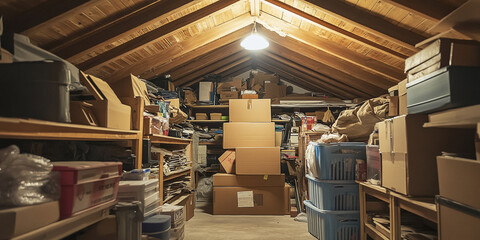 Obraz premium A cluttered attic filled with cardboard boxes, plastic bins, and assorted stored items, all tucked under a sloped wooden ceiling with overhead lighting, reflecting 