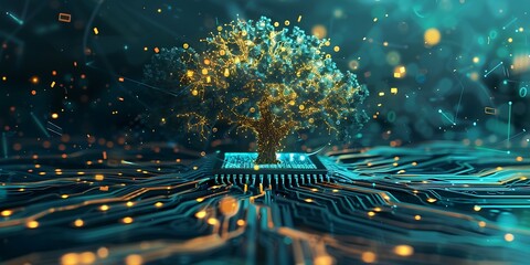 Futuristic Tree with Circuit-Like Glowing Branches, Merging Nature and Technology in a Brilliant Display of Light and Innovation