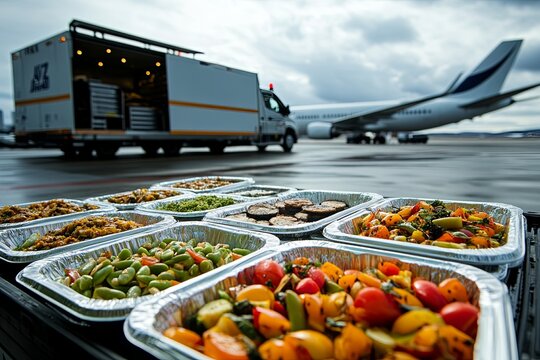 Catering service prepares fresh meals for passengers near parked airplane at busy airport. Generative AI
