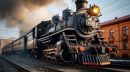 Fototapeta premium Vintage steam locomotive with passenger cars in a railway setting.