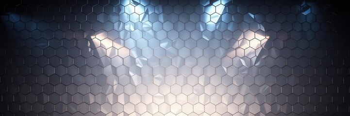 Naklejka premium Hexagonal abstract metal background with light reflection, light, reflection, modern