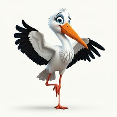 Obraz premium A cheerful cartoon stork stands on one leg with its wing extended playfully. 