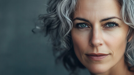 Naklejka premium attractive woman in her fifties with gray hair and blue eyes