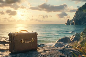 travel concept with luggage at sea landscape  travel concept with luggage at sea landscape