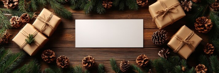 Christmas Card banner with Gift Bags, Pine Cones, and Branches on Signpost Backdrop for Advertising or Celebratory Purposes