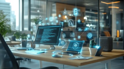 Modern office workspace with digital elements.