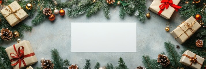 Christmas Celebration banner with Brand Logo, Wreath, Gifts, and Decorations on Table against Snowy Backdrop