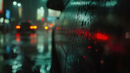 Fototapeta premium Rain-soaked car in a city at night.
