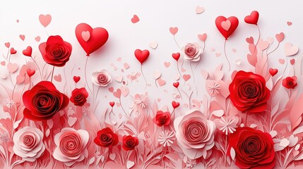 Romantic landscape with a vibrant field of roses and heart-shaped balloons for Valentine's Day celebration
