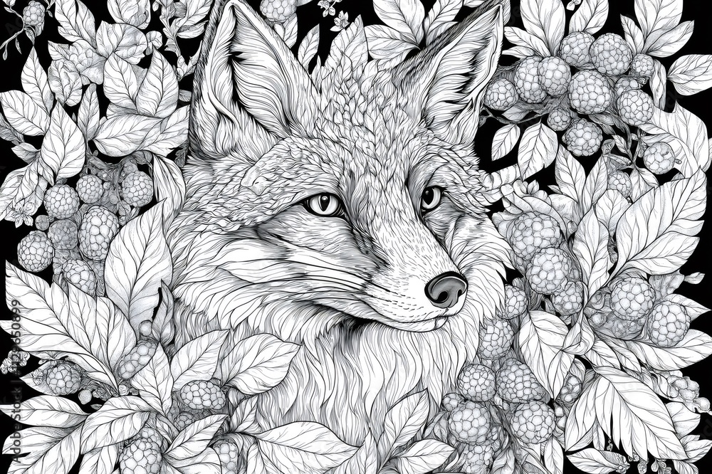Poster black and white illustration of a fox surrounded by detailed raspberry branches, creating an elegant