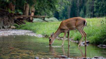 A deer is drinking water from a stream.