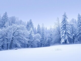 Snow-covered forest with sparkling trees and a clear path, wilderness, cold