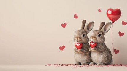 Bunnies hold small red hearts side by side with a balloon in a playful Valentine\'s setting