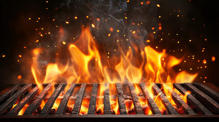 Burning flames on a barbecue grill with glowing sparks and smoke
