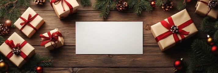 Christmas Present Scene with Gift-Giving Focus, Rustic Wooden Background for Commercial Use