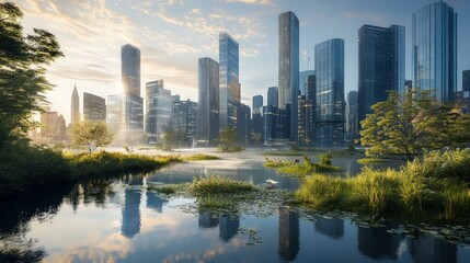 Naklejka premium Futuristic Smart City Concept, showcasing advanced technology, renewable energy, intelligent transportation systems, and seamless urban integration, ideal for urban planners and innovators.