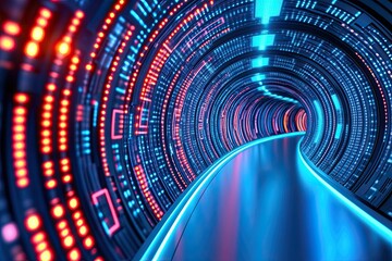 Tech exhibition booth featuring bright blue LED screens, sleek design, and striking red branding in a modern setting