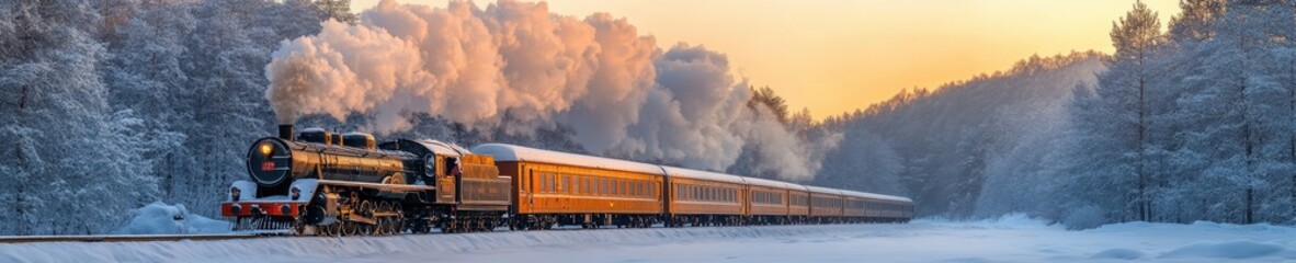 Steam Locomotive Journey through Snowy Landscape, Capturing Winter Tranquility