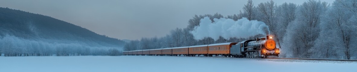 Old-fashioned Steam Locomotive in Motion on Snowy Track by River, Serene Winter Scene