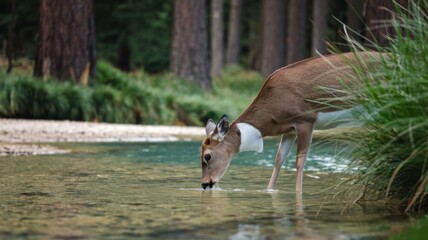 A deer is drinking water from a stream.