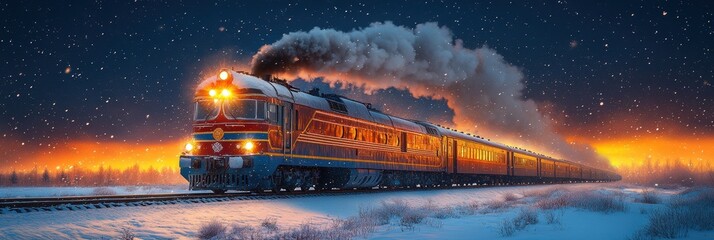 Winter Night Train, Festive Motion Blur Passenger Train with Lighting Effect, on Snowy Landscape for Advertising or Travel Themes