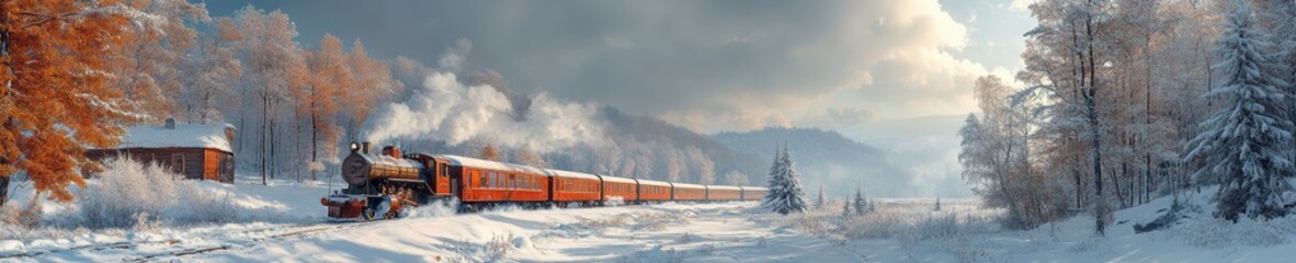 Vintage Steam Locomotive Traveling through Snowy Landscape, Serene Winter Scene