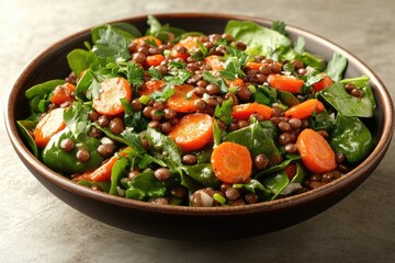 Lentil salad with spinach, carrot, and herbs in a bowl: promoting healthy eating