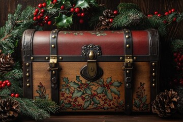 Old wooden christmas chest surrounded by holly branches and pine cones sitting on a wooden table